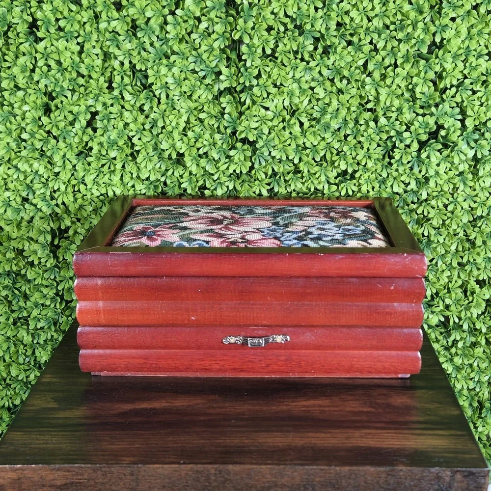VTG Floral Tapestry Wooden Jewelry Box Cherry Finish Scalloped Ring Organizer